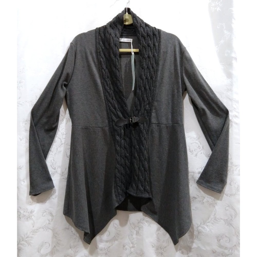 Drape Front Belted Knit Cardigan L Cable Knit Lapels Sharkbite Handkerchief Hem